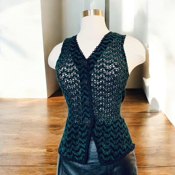 Vintage Wrapper Black Green Crochet Vest Tuxedo S Boho Daisy - Picture 3 of 8